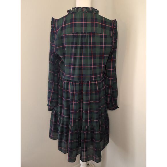 J. Crew tie neck tartan plaid tiered holiday equestrian ruffle M dress - Picture 3 of 9